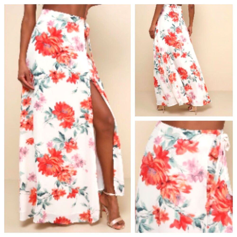 New LULUS (S) Orange Floral on Off White Background Maxi Wrap Skirt